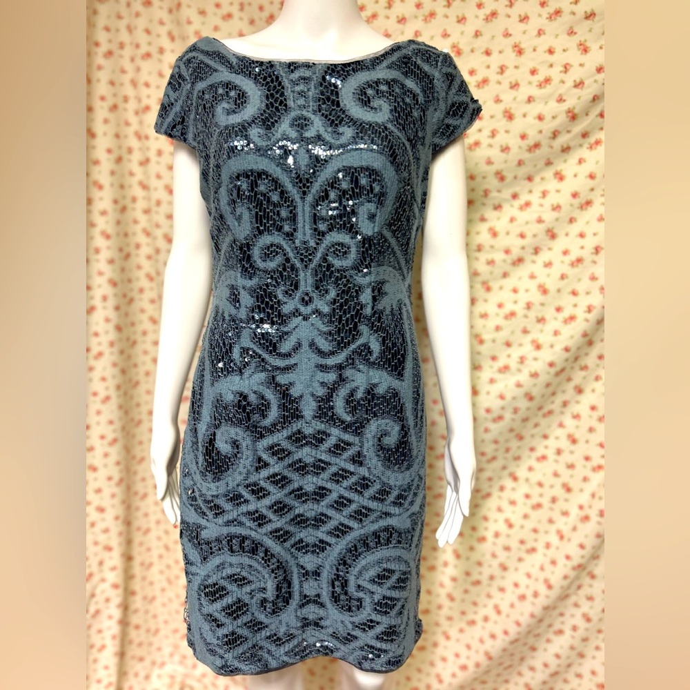 Adrianna Papell Blue Sleeveless Party Dress Embroidery and Sequins